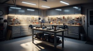 Bright garage workshop lighting setup with LED lights