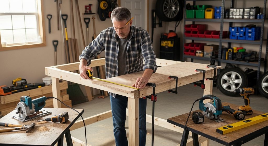 Dad building a custom workbench in the garage with tools
