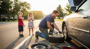 Dad changing a tire with kids learning in the garage