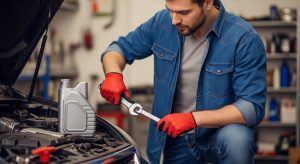 Dad checking oil in the car with tools in the garage