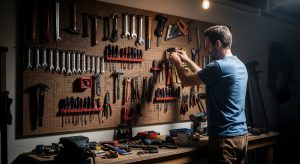 Dad organizing tools on a pegboard to create a clean garage space