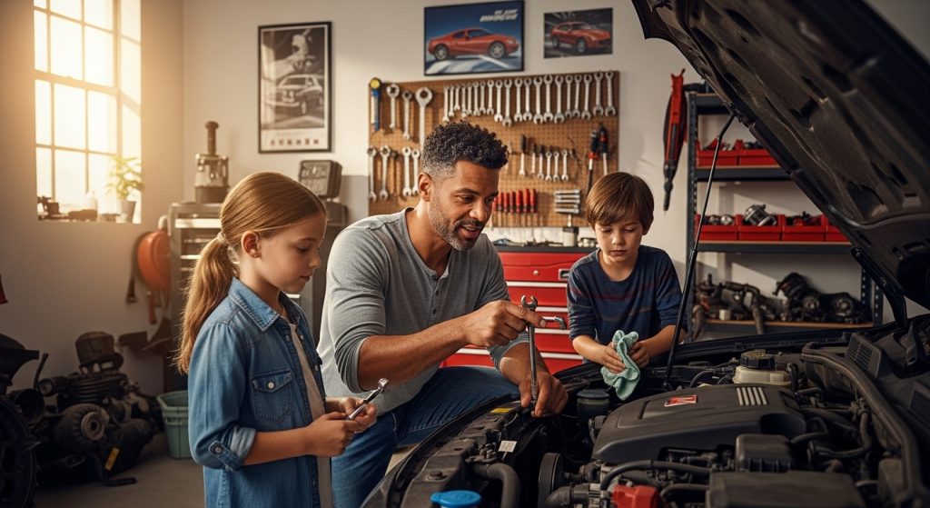 Dad performing car maintenance with his kids in the garage