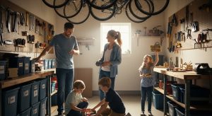 Family spending time together in a clean and organized garage