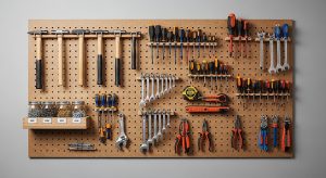 Garage wall storage with pegboard and organized hand tools