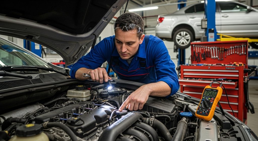 Mechanic checking engine