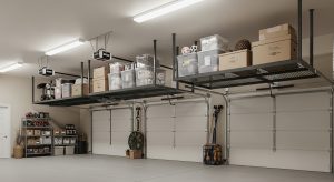 Overhead garage storage racks holding seasonal storage bins