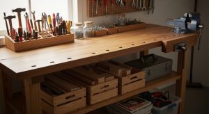 Simple garage workbench setup with tools and storage underneath