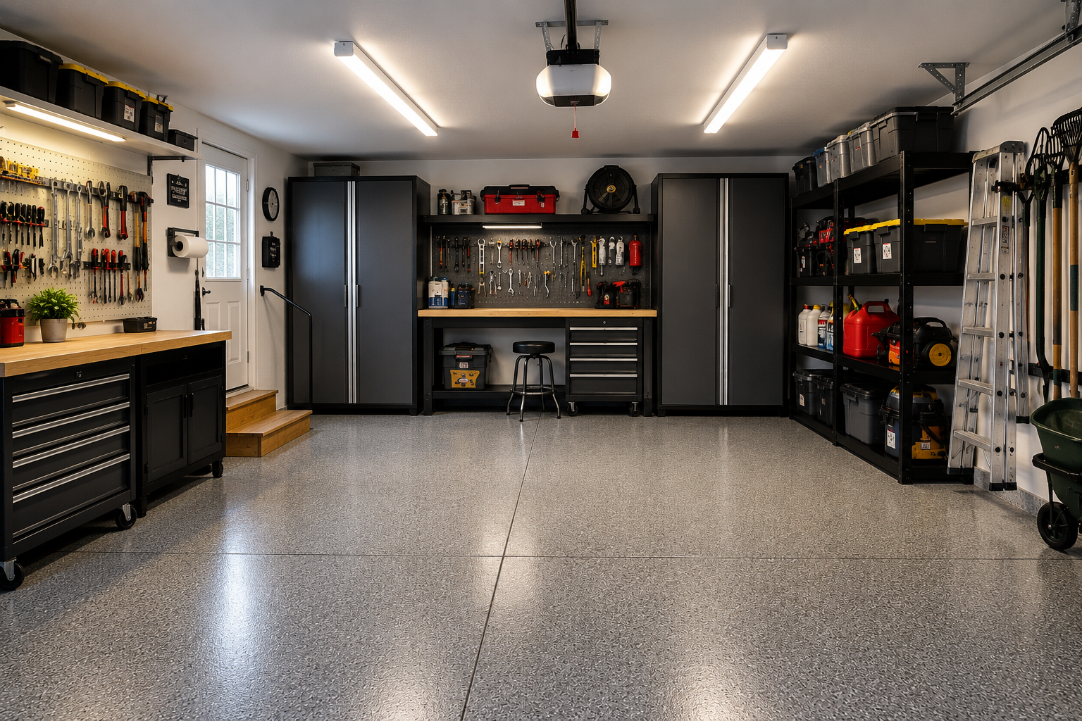 Clean garage floor with organized tools and clear