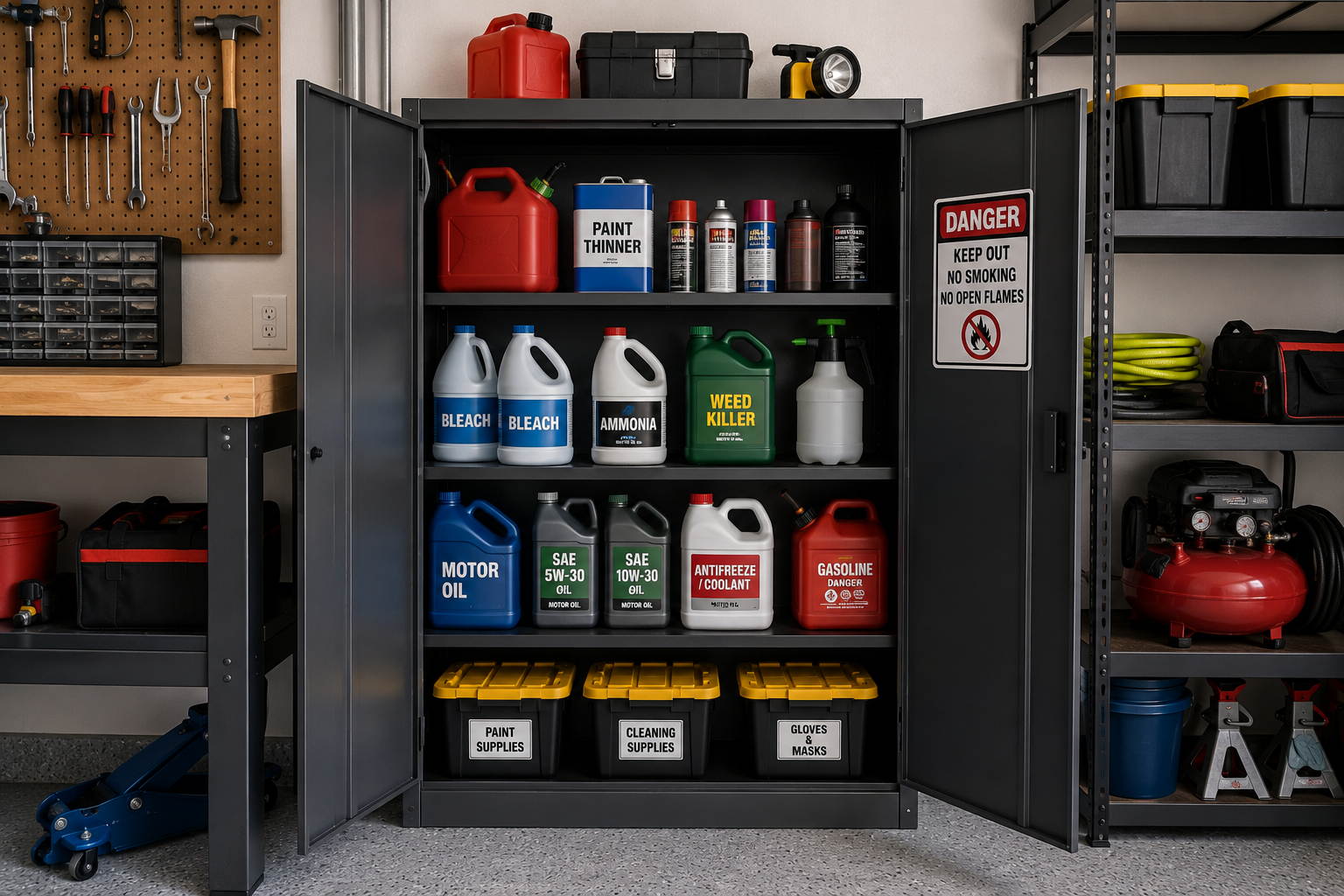 Garage safety cabinet storing labeled chemicals and cleaning products