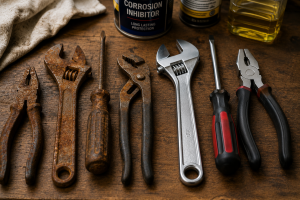 Comparison of rusted and well-maintained garage hand tools