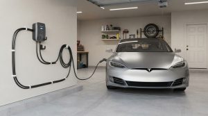 Electric vehicle connected to a home garage charging station