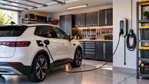 Organized garage with electric vehicle charging setup